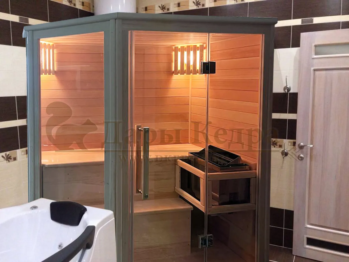 Трехместная угловая финская «Элит» сауна кабина из кедра и липы с электрокаменкой